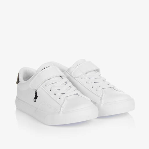 Ralph Lauren-حذاء رياضي بشريط لاصق جلد صناعي لون أبيض وكحلي | Childrensalon