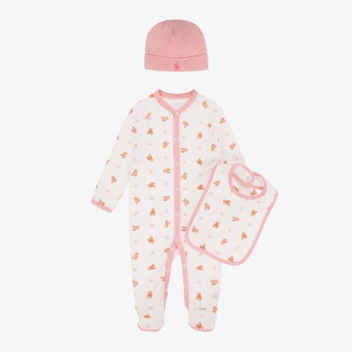 Ralph Lauren-White & Pink Cotton Polo Bear Babysuit Set | Childrensalon