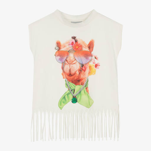 RaspberryPlum-Girls Ivory Cotton Fringed Camel T-Shirt | Childrensalon