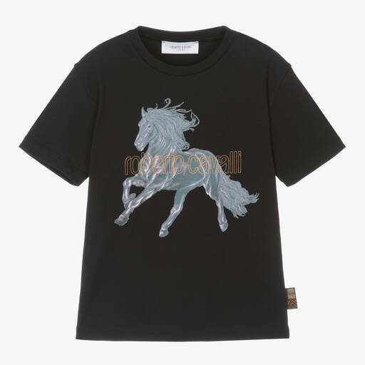 Roberto Cavalli-Boys Black Cotton Horse T-Shirt | Childrensalon
