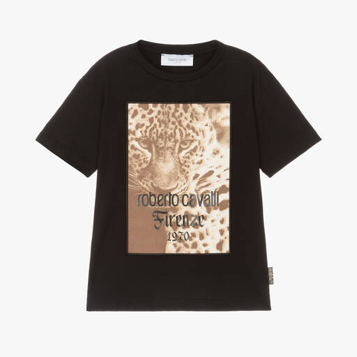 Roberto Cavalli-Boys Black Cotton Leopard T-Shirt | Childrensalon