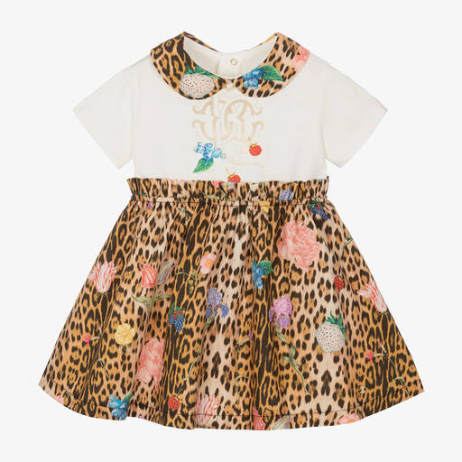 Roberto Cavalli-Girls Brown Cotton Jaguar-Print Dress | Childrensalon