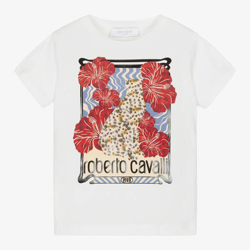 Roberto Cavalli-Girls Ivory Jaguar Print Cotton T-Shirt | Childrensalon