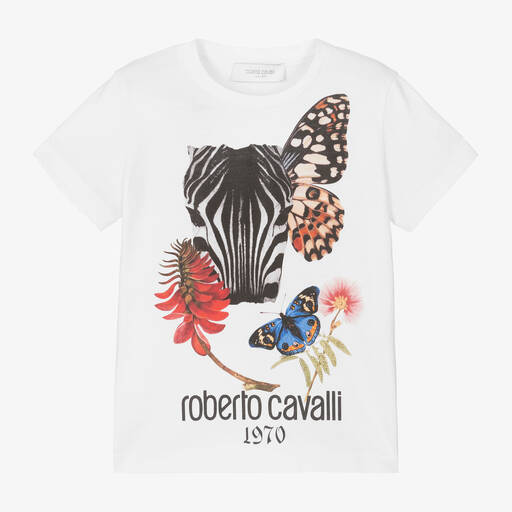 Roberto Cavalli-Girls White Cotton Zebra T-Shirt | Childrensalon