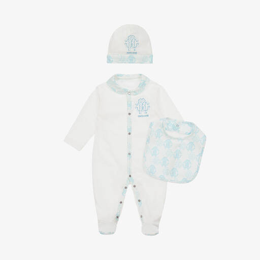 Roberto Cavalli-Ivory & Blue Cotton Monogram Babysuit Set | Childrensalon