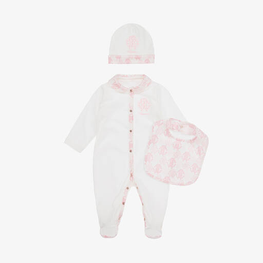 Roberto Cavalli-Ivory & Pink Cotton Monogram Babysuit Set | Childrensalon