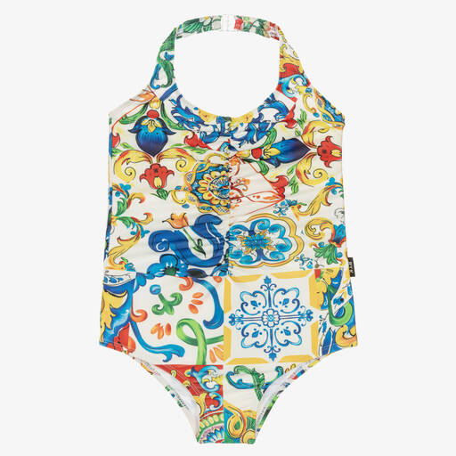 Rock Your Baby-Girls Ivory & Blue Sicily Print Swimsuit | Childrensalon
