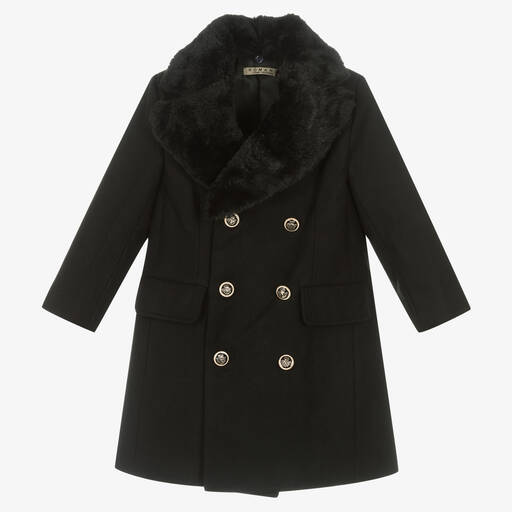 Romano-Черное пальто с отделкой из искусственного меха | Childrensalon