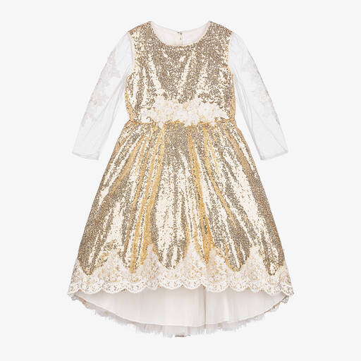 Romano-فستان ساتان وتول مزين بترتر لون ذهبي | Childrensalon