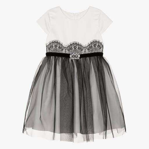 Romano-Girls Ivory Satin & Black Tulle Dress | Childrensalon