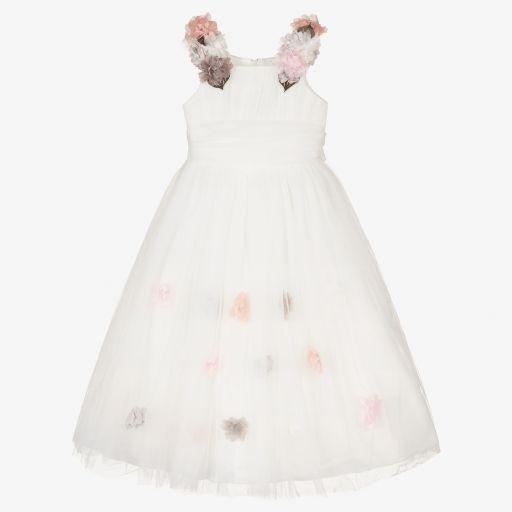 Romano-Кремовое платье из тюля с цветами для девочек | Childrensalon