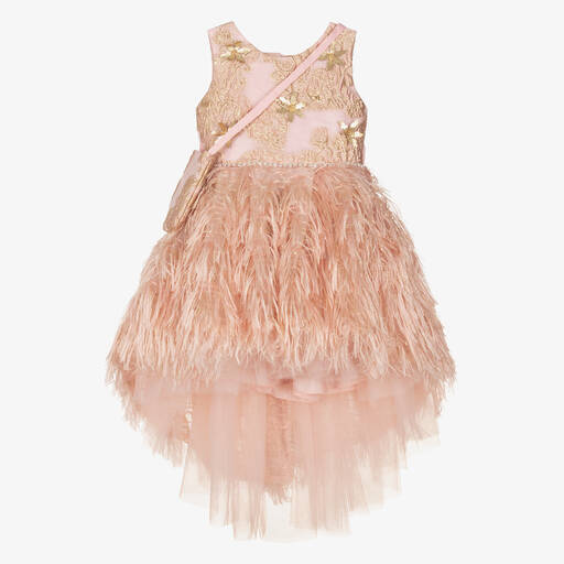 Romano-Розовое платье из органзы с золотистыми перьями и сумочка | Childrensalon