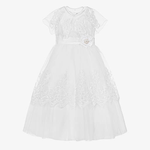 Romano-فستان ساتان وتول مطرز لون أبيض | Childrensalon