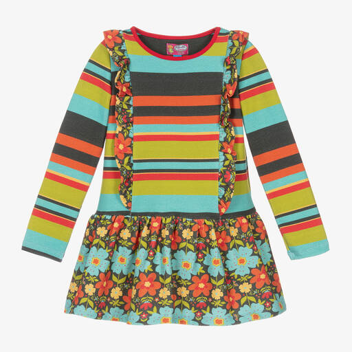 Rosalita Señoritas-Girls Blue & Green Stripe Floral Dress | Childrensalon