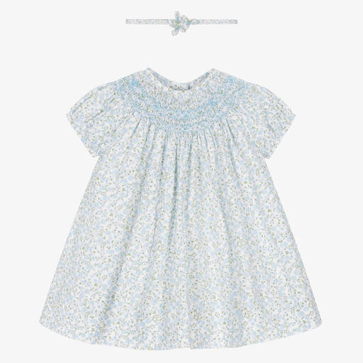 Sarah Louise-Baby Girls Blue Smocked Floral Dress Set | Childrensalon