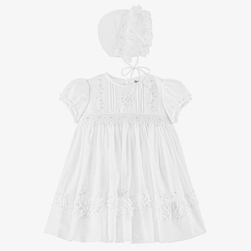 Sarah Louise-Baby Girls White Smocked Dress & Bonnet Set | Childrensalon