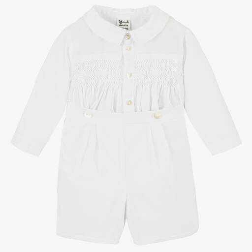 Sarah Louise-Boys White Hand-Smocked Buster Suit | Childrensalon