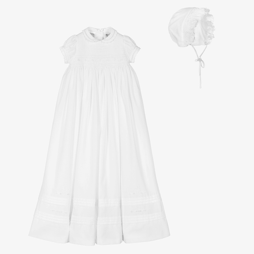 Sarah Louise-طقم ثوب مراسم وبونيه بولي قطن لون أبيض للأطفال | Childrensalon