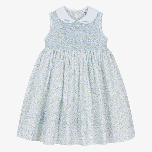 Sarah Louise-Girls Blue Floral Hand-Smocked Dress | Childrensalon
