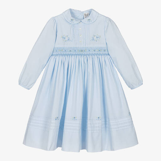 Sarah Louise-Girls Blue Smocked Cotton Dress | Childrensalon