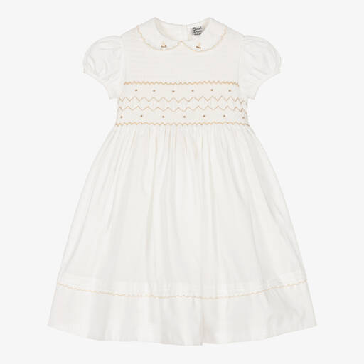 Sarah Louise-Girls Ivory & Beige Smocked Dress | Childrensalon