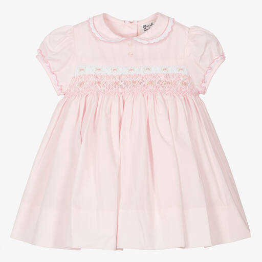 Sarah Louise-Girls Pink Floral Cotton Smocked Dress | Childrensalon