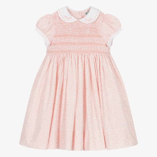 Sarah Louise-Girls Pink Floral Hand-Smocked Cotton Dress | Childrensalon