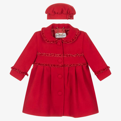 Sarah Louise-طقم معطف وقبعة مزيج فيسكوز لون أحمر للبنات | Childrensalon
