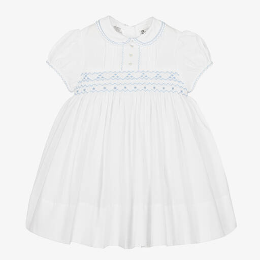 Sarah Louise-Handgesmoktes Kleid in Weiß & Blau | Childrensalon