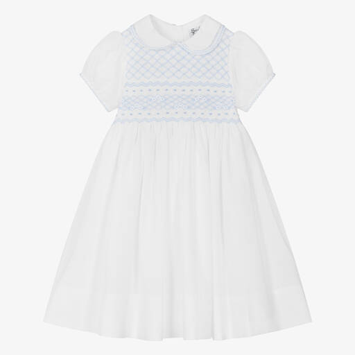 Sarah Louise-Girls White & Blue Hand-Smocked Dress | Childrensalon