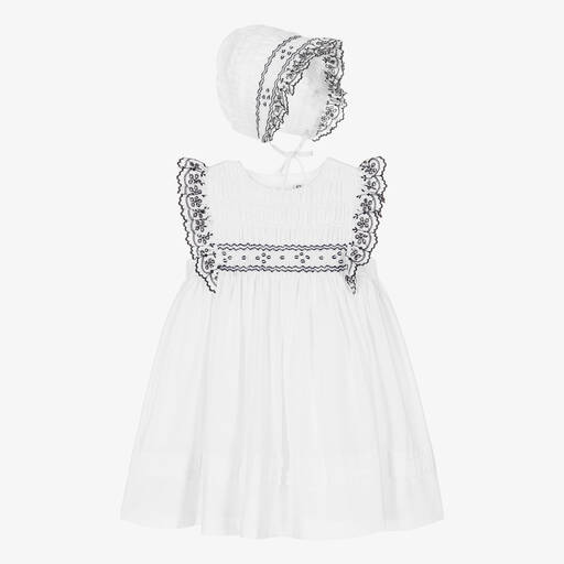 Sarah Louise-Girls White Cotton Hand-Smocked Dress Set | Childrensalon
