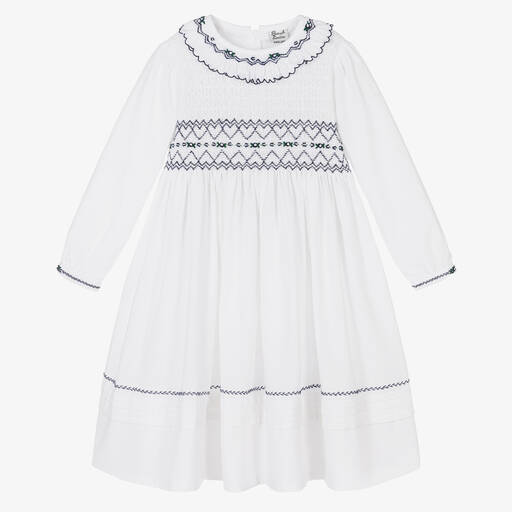 Sarah Louise-Girls White & Navy Blue Smocked Dress | Childrensalon