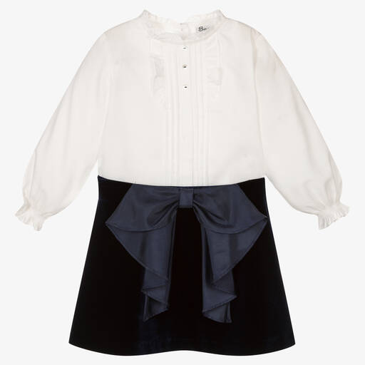 Sarah Louise-Girls White & Navy Blue Velour Skirt Set | Childrensalon