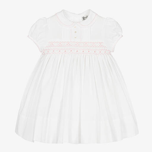 Sarah Louise-Girls White & Pink Hand-Smocked Dress | Childrensalon