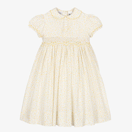 Sarah Louise-Girls Yellow Cotton Floral Smocked Dress | Childrensalon