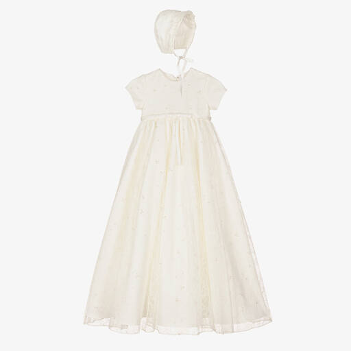 Sarah Louise-Кремовое крестильное платье с пайетками и кружевом и чепец | Childrensalon