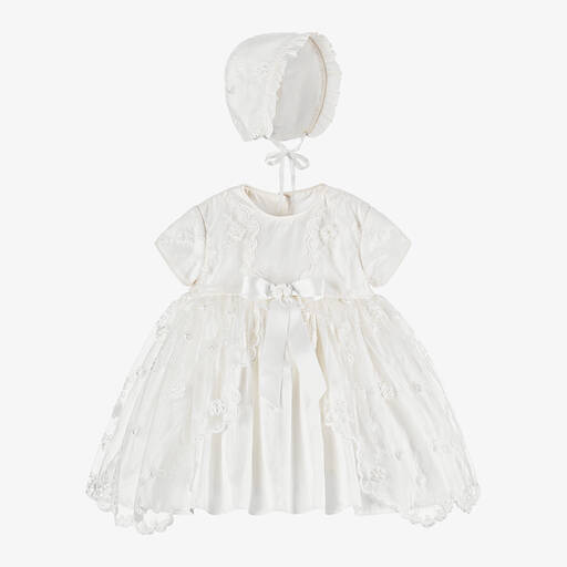 Sarah Louise-طقم فستان مراسم حرير دوبيون لون عاجي للمولودات | Childrensalon