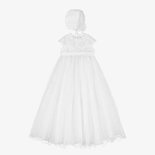Sarah Louise-Ensemble robe et bonnet en dentelle blanche | Childrensalon