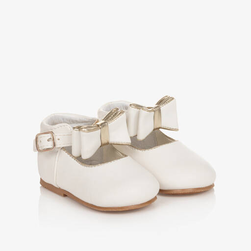 Sevva-حذاء جلد صناعي  لون أبيض مزين بفيونكة للبنات  | Childrensalon