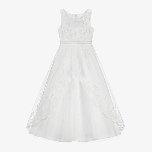 Sevva-Girls White Satin & Embroidered Tulle Dress | Childrensalon
