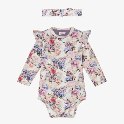 Sofija-Baby Girls Ivory Cotton Floral Bodysuit Set | Childrensalon