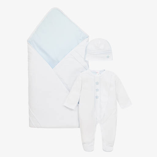 Sofija-Ensemble combinaison bébé blanc et bleu en coton garçon | Childrensalon