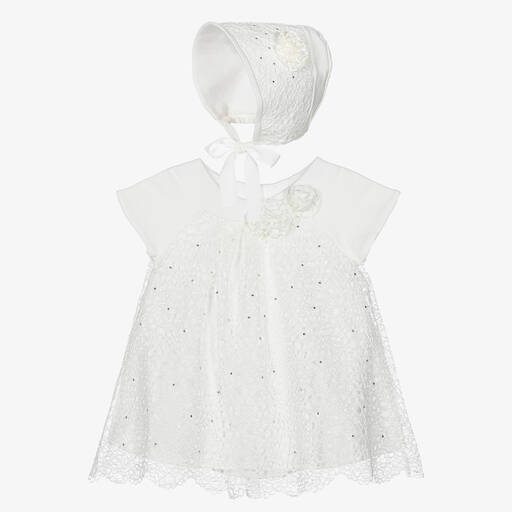 Sofija-Girls White Dress & Bonnet Set | Childrensalon