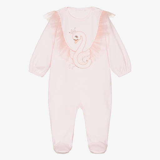 Sofija-Pink Swan Cotton Babygrow  | Childrensalon