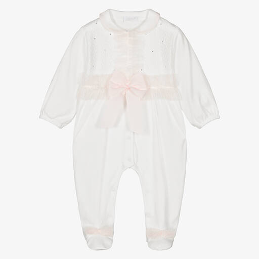 Sofija-White Cotton & Lace Babygrow | Childrensalon