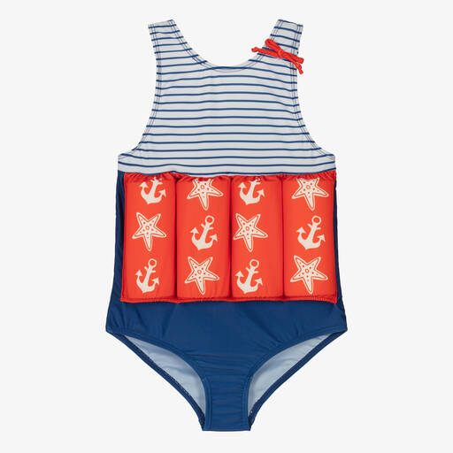 Soli Swim-Girls Blue Striped Anchor Float Suit (UPF50+) | Childrensalon