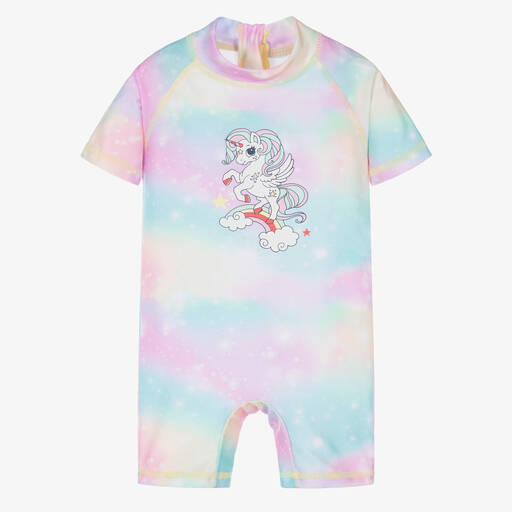 Soli Swim-Girls Pink & Blue Unicorn Sun Suit (UPF50+) | Childrensalon