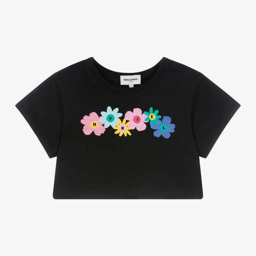 Sonia Rykiel Paris-Girls Black Cotton Floral Logo T-Shirt | Childrensalon