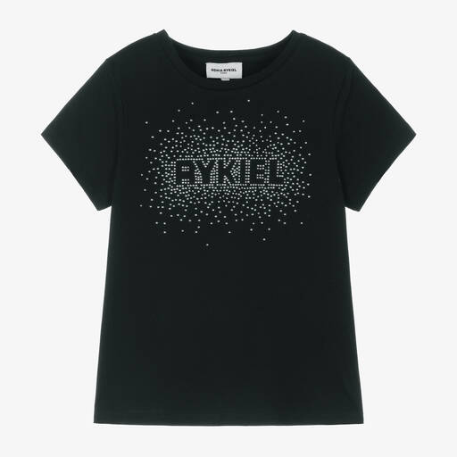 Sonia Rykiel Paris-Girls Black Diamanté Logo Cotton T-Shirt | Childrensalon