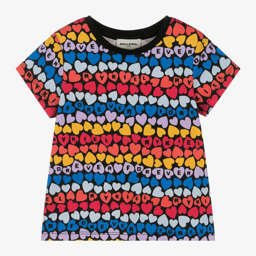 Sonia Rykiel Paris-Girls Black Heart Print Cotton T-Shirt | Childrensalon